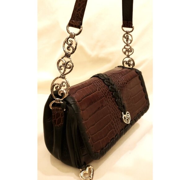 BRIGHTON Handbag/Shoulder Bag Brown Alligator Embossed Leather/Black Trim - Picture 3 of 14